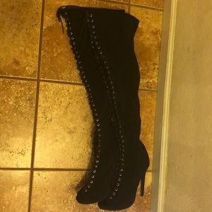 Thigh high open toe boots